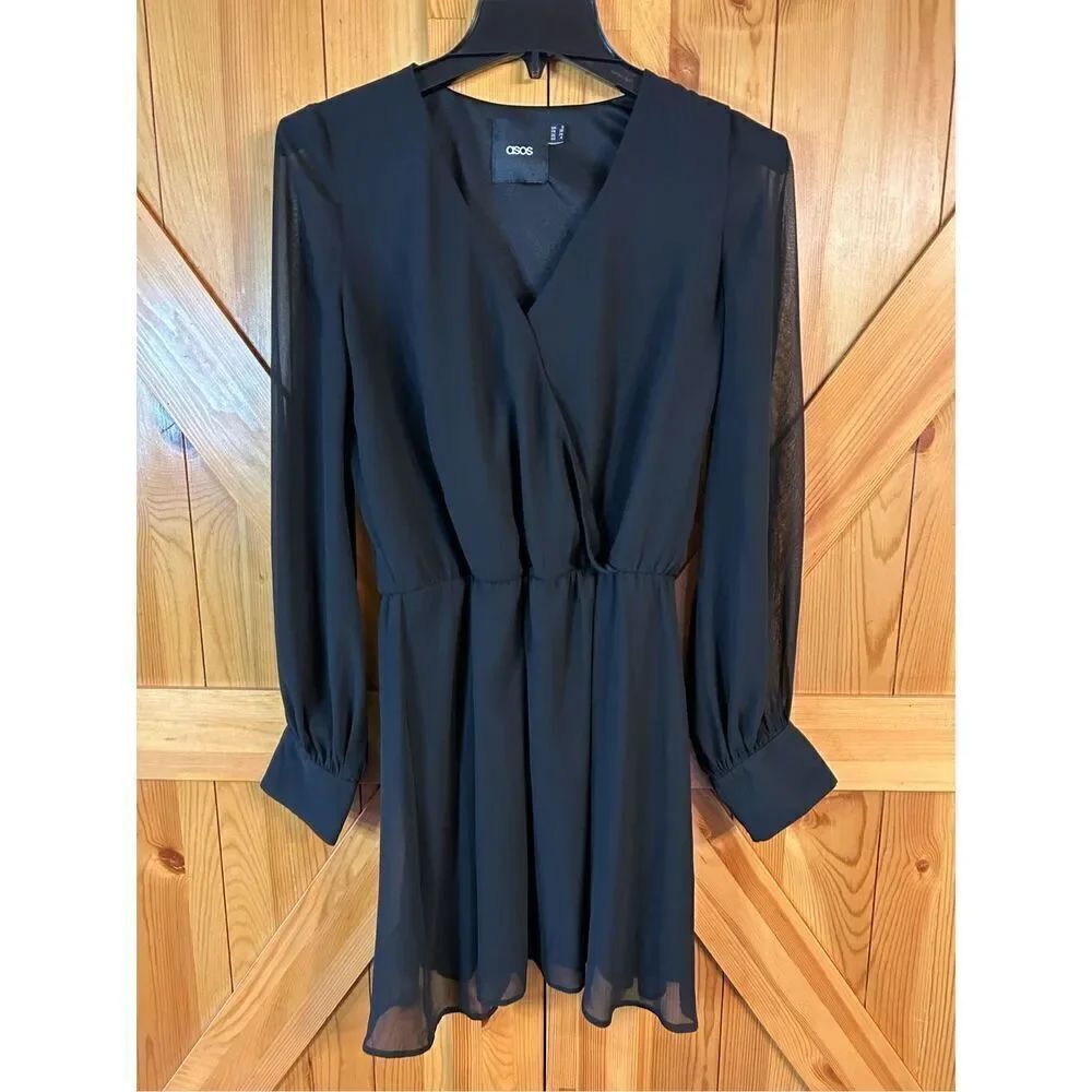 ASOS DESIGN sheer long sleeve dress in black size 4 (4865)
